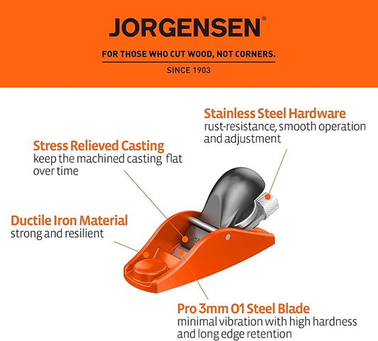 JORGENSEN 3.5" Mini Wood Planer - Mini Hand Planer for Woodworking, Block Plane, Small Hand Plane for Trimming, Wood Planing, Craft, Professional Ductile Iron Body, Adjustable Cutting Depth