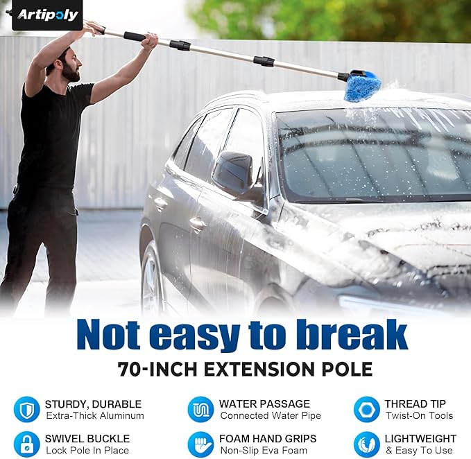 72" Car Wash Brush with Long Handle, Flow-Thru Soft Bristle Car Washing Brush with Extendable Handle and Hose Attachment and On/Off Switch for Car, RV, SUV, Truck, Boat, House Siding（Blue）