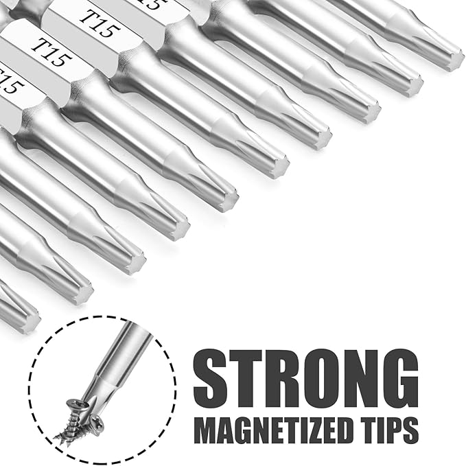 T15 Torx Bits(10-Pack 2 Inch), 1/4 Inch Hex Shank S2 Steel Magnetic star 6 Point Screwdriver bit set