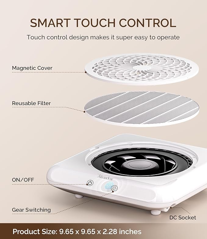 MelodySusie Professional Nail Dust Collector with Max Suction Power,SProF 4500RPM Nail Vacuum Fan with 3 Suction Modes,Touch Control & 360-Degree Capture Trusted Tool for Nail Tech & Salon Use,White