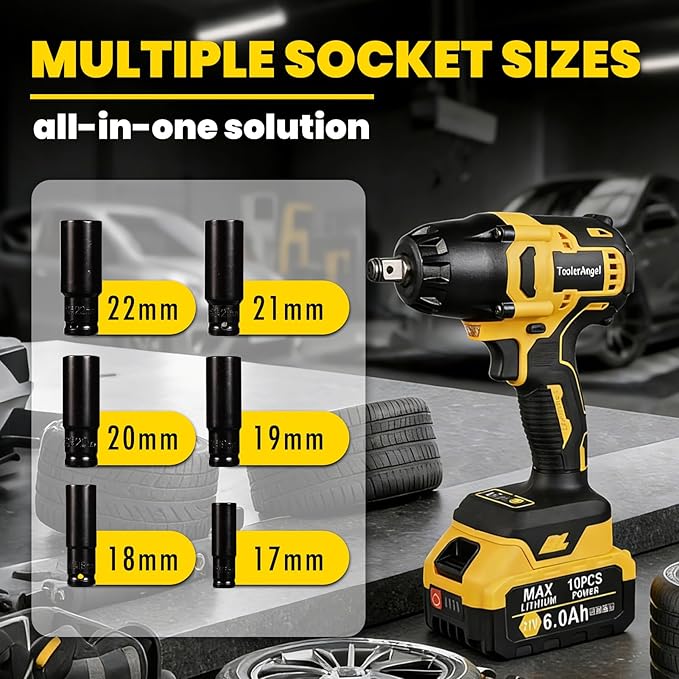 1/2 inch Impact Wrench Cordless, (1000 N.m) 737 Ft-lbs Hight Torque Wrench,20V Power Impact Driver, Brushless Motor 3300 RPM, 2x 6.0AH Li-ion Battery,Charger,6 Sockets