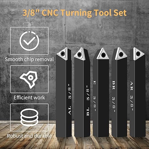 3/8" Indexable Carbide Turning Inserts Holder Set for Machining Lathes, 5 Pcs Set Metal Lathe Tools Inserts Bits with Carbide Inserts TCMT110204.
