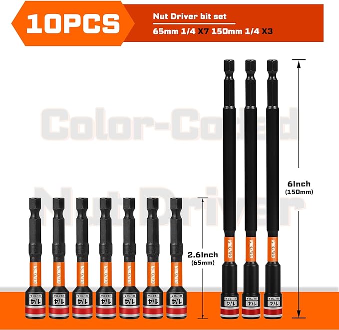 Impact Nut Driver Set, 10 Pieces 2.56???쒵ong 1/4?? Point Alloy Steel Magnetic SAE Nut Setter Set Use For Require Installing 1/4 Hex Shank Impact Driver with Case Box