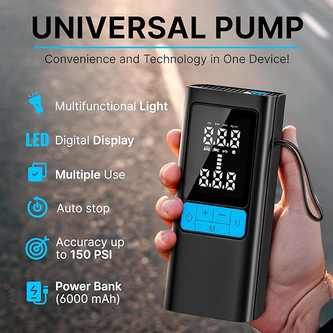 Portable Air Compressor 150PSI, Tire Inflator with Digital Display & Auto Stop, Cordless Air Pump for Car Tires, Motorcycle, Bike, Ball - Battery-Powered Air Compressor for Car Accessories