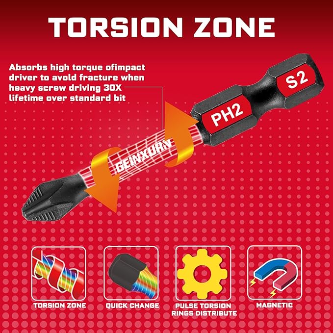 51Pack PH2 2 Inches Impact Tough Anti-Slip Screwdriver Bits, #2 Phillips 1/4 Inch Hex Shank Magnetic Tips Cross Screwdriver Bits Set with 1Pcs Impact Bit Holder,Bulk