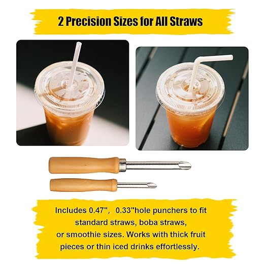 Straw Puncher for Lids Stainless Steel Hole Punch Tool for Plastic Cups Perfect for Lemonade Stands, Bubble Tea, Iced Coffee & Home Parties 2 Sizes (0.47in & 0.33in)