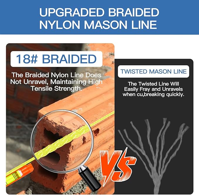 Mason Line with Handle #18, 540 Ft String, with 5 Built-in Levels and Spool Fluorescent String Line, Braided Nylon String for Gardening or Masonry Tools, Construction Twine for Outdoor Projects