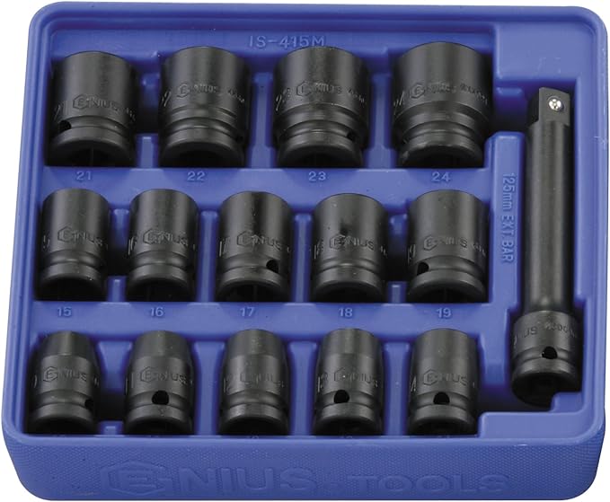 Genius Tools IS-415M 15 Piece 1/2" Dr. Metric Impact Socket Set