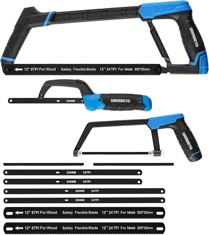 Hacksaw Frame Set, 12“ Hacksaw Frame, 6'' Hacksaw Frame and 10'' Mini Hacksaw, Including 8pc Extra Blades Multi-function for Metal Wood PVC Pipes