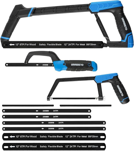 Hacksaw Frame Set, 12“ Hacksaw Frame, 6'' Hacksaw Frame and 10'' Mini Hacksaw, Including 8pc Extra Blades Multi-function for Metal Wood PVC Pipes