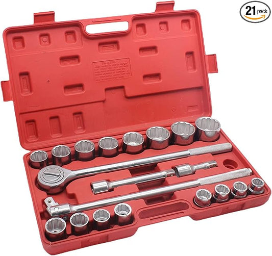 3/4 Inch Drive Socket Wrench Sets,21-Piece,Metric Size(19-50mm),12-Point,CR-V Steel Sockets with Adapters and Ratchet Handle,Flex-head breaker bar