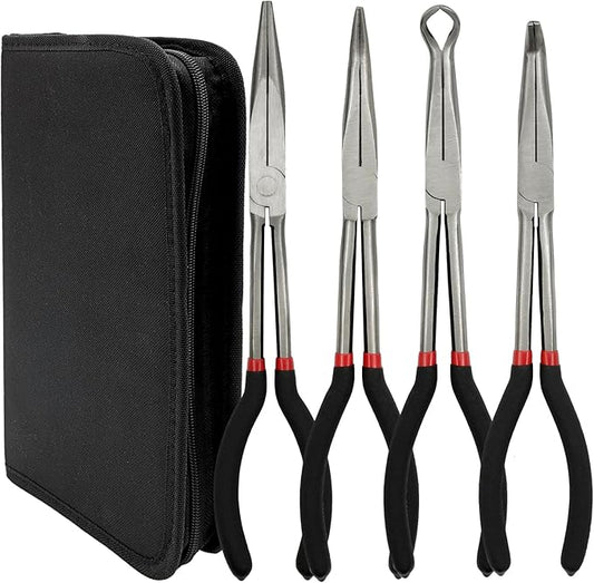 4 Pack 11" Long Nose Pliers Set with Portable Bag, Insulated Grip - Straight Needle Nose, 45/90 Degree Angle Curved & Circle Tools for Wire Bending, Shaping, Trimming