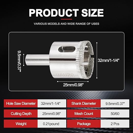 PATIKIL 2pcs 1-1/4" (32mm) Diamond Hole Saw, Glass Diamond Hole Cutters Hollow Core Drill Bits for Fiberglass, Tile, Porcelain, Ceramic