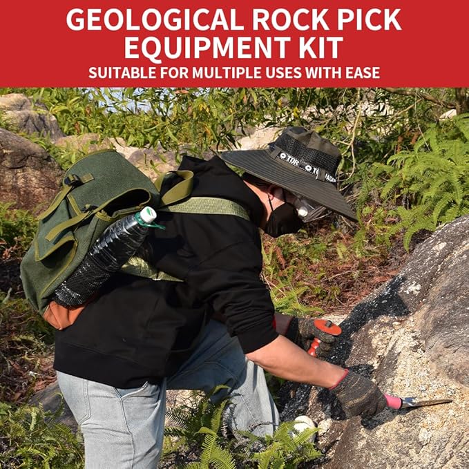 13-Piece Set - Geological Rock Pick and Hammer Set, Rockhound Field Guide - Backpacking Portable Chisel and 32-Ounce Hammer Set - Tools for Rock Hounding and Gold Mining (Red)