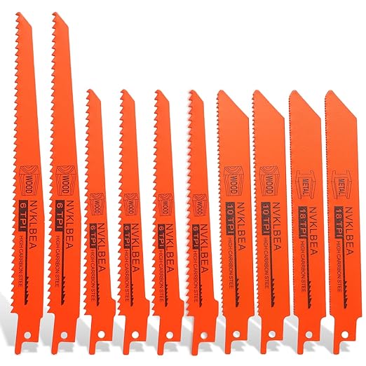 10-Piece Reciprocating Saw Blades 6 & 8 Inch Wood & Metal Cutting Saw Blades Premium Blades Carbon Steel Bi - Metal Reciprocating Saw Blades for Wood Pruning NVKLBEA
