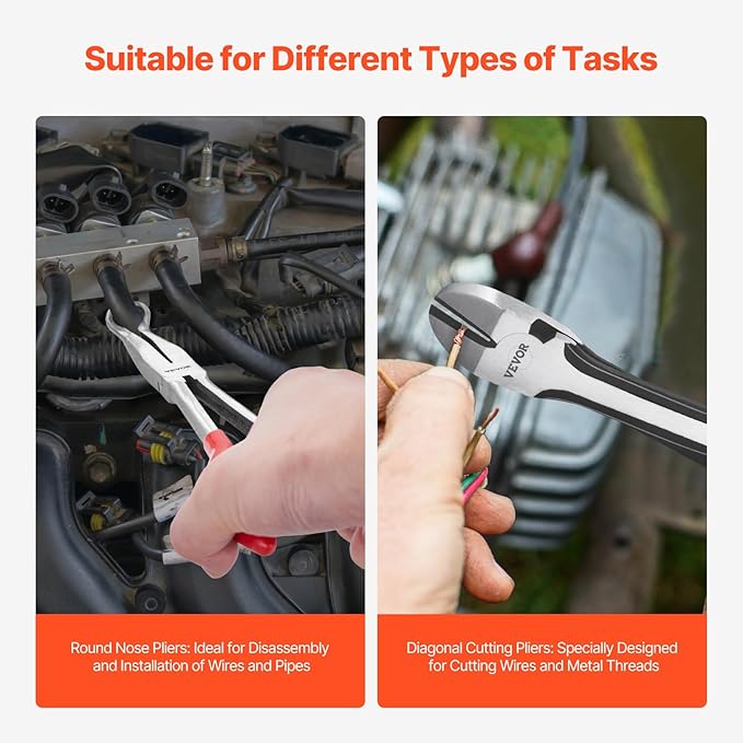 VEVOR 5-Piece Needle Nose Pliers, 11 in Long Needle Nose Pliers Set, Diagonal Cutting Pliers, 45째/ 90째 Bent Nose Plier, Round Nose Plier, Long Nose Plier, Professional Pliers Set with Storage Bag
