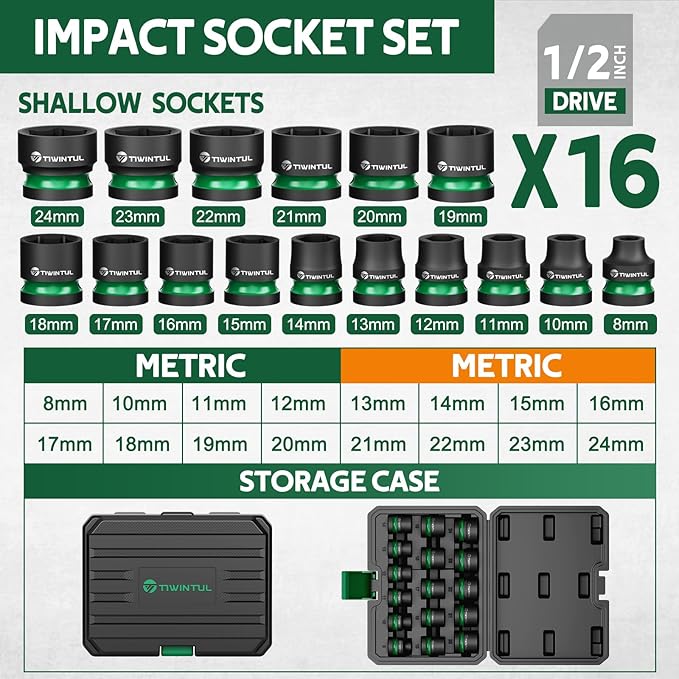 1/2" Drive Shallow Impact Socket Set, 8-24mm, Metric, CR-MO, 6-Point, 16 Pieces Stubby Socket Set for Automotive Maintenance, Repairs and DIY Projects