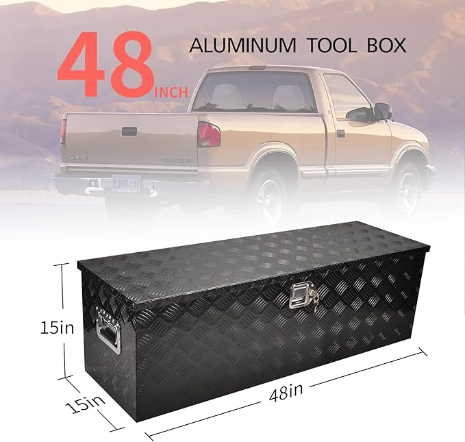 48 Inch Aluminum Truck Tool Box, 5 Bar Tread Pickup Truck Bed Tool Box Storage Organizer with Lock & 2 Keys,Black (48"X15"X15")