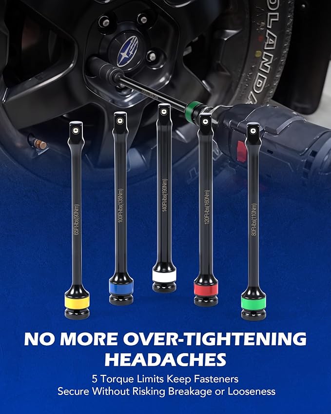 Orion Motor Tech Torque Extension, 5pcs 1/2" Drive Torque Limiting Extension Bar Set, 8 Inch Color Coded Laser Etched Torque Sticks 65-140 ft-lbs for Locking Lug Nuts