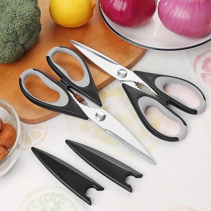 Kitchen Scissors, Durable Stainless Steel Blade, Soft Grip Comfort Handle, Multipurpose Heavy Duty Kitchen Scissors Set with Protective Cover, Black/Red, 8.7 Inch 2-Piece Set