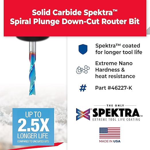 Amana Tool Solid Carbide Spektra Extreme Tool Life Spiral Plunge Router Bit Down-Cut, 46227-K, 1/8 Dia x 1/2 CH x 1/8 Shank 2 Inch L
