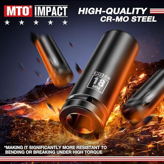 MTO 1/2" Drive 18mm Deep Impact Socket, 6 Pt. Metric Socket, CR-MO Steel & Anti-Corrosion Coating for Heavy-Duty Use
