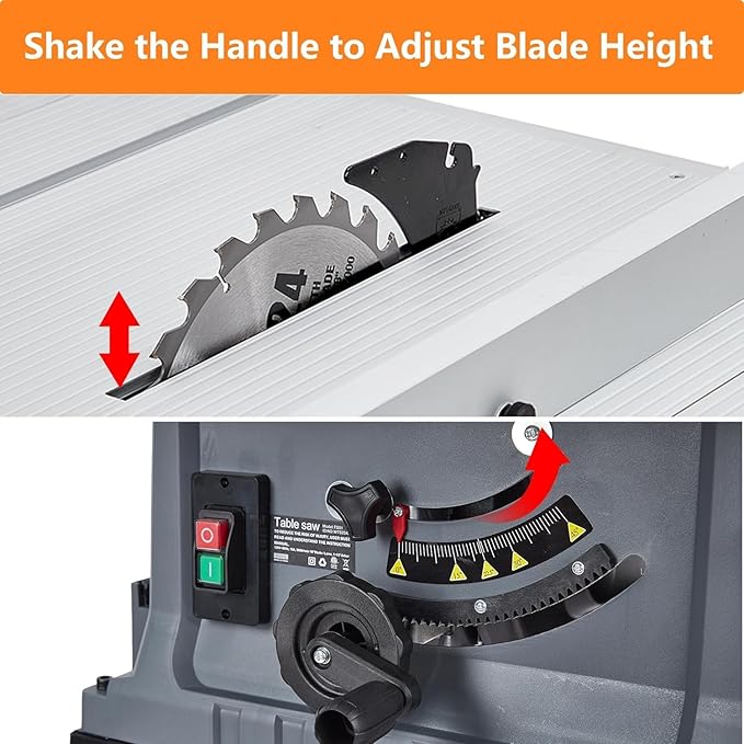 Table Saw 10 Inch, Portable Benchtop Table Saw, Stand & Push Stick, 5000RPM, Adjustable Blade Height, with Port for Connecting Dust Collector, 90°Cross Cut & 0-45°Bevel Cut