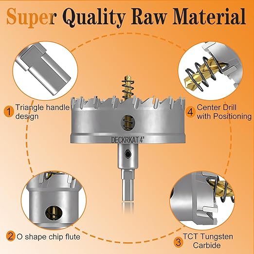 4" TCT Hole Saw for Hard Metal, Heavy Duty 100mm Tungsten Carbide Tipped Hole Cutter with Spring-Loaded Pilot Drill Bit for Stainless Steel, Metal, Iron, and Plastic