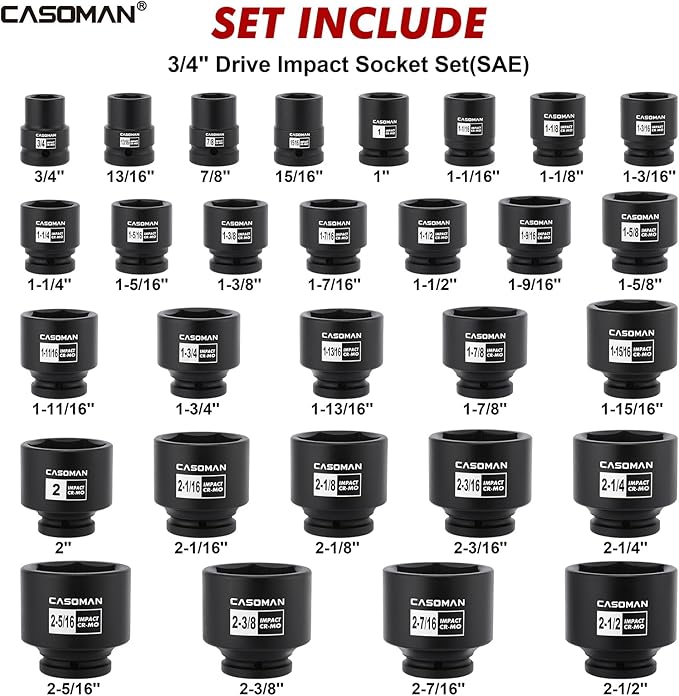 CASOMAN 29-Piece 3/4" Drive Shallow Spindle Axle Nut Impact Socket Set, 6-Point, Standard Large Socket Set, SAE (3/4" to 2-1/2"), CR-MO Steel, with Storage Case