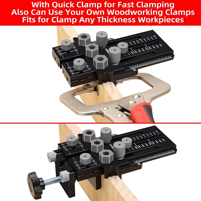 Dowel Jig Kit with Quick Positive Stop and Clamp, Adjustable Doweling Jig for Drill 1/4, 3/8 and 1/2 Inch Accurate Straight Dowel Holes, Fit Any Thickness Wood Joints, for Cabinet, Furniture