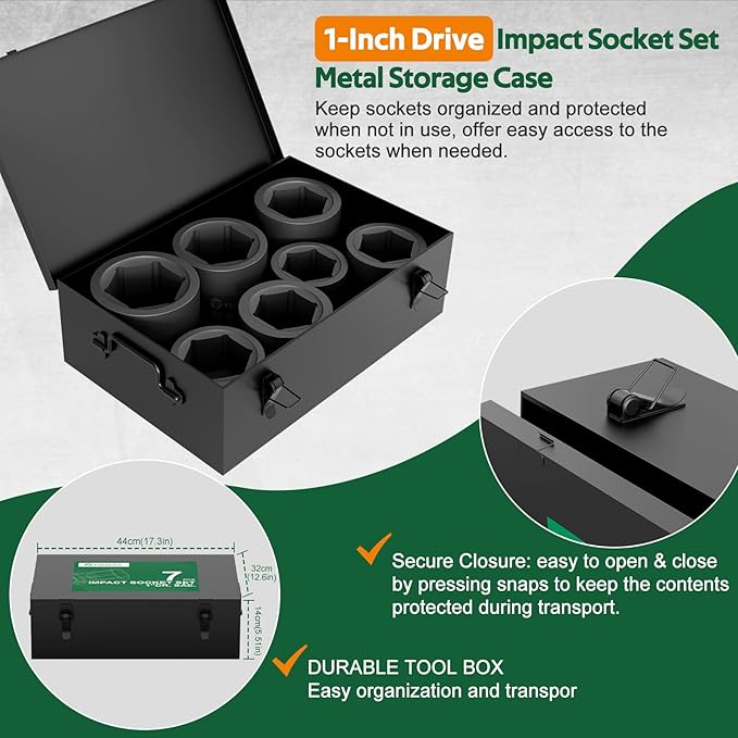 7-Piece 1-Inch Drive Socket Set, SAE, 3", 3-1/8", 3-1/4'', 3-3/8", 3-1/2",3-3/4", 4" Shallow Spindle Axle Nut Socket, Jumbo Impact Socket Set with Metal Case for Trailer & Heavy Equipment
