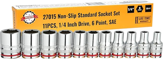 RIGOR 27015 Max-Grip Non-Slip Standard Socket Set, 11-Piece | Anti-Slip Chrome Vanadium Sockets | 1/4-Inch Drive, 6 Point, SAE | Include Durable Plastic Socket Rail.