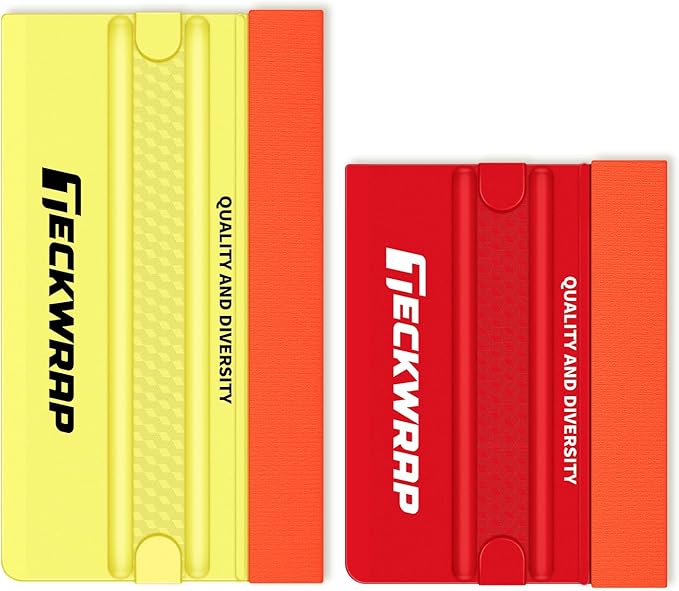 TECKWRAP Felt Squeegee for Vinyl Wrap, 2 Hardness Options Vinyl Scraper Tool with Anti-Slip Twin Ribs & Dual-Corner Design for PPF, Tint & Decals (Yellow 40A / Red 60A)