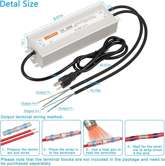 LED Driver 12V250W Waterproof Power Supply AC 90-130V to DC 12V20.8A Low-Voltage Transformer IP67 Converter Suitable for Indoor Outdoor 12 Series LED Strip Lights