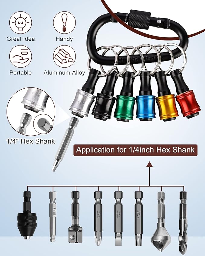 katerk 6pcs 1/4 inch Hex Shank Aluminum Alloy Screwdriver Bits Holder 8 Sets, Light-weight Quick-change Extension Bar Keychain Drill Screw Adapter Change Portable竊? Colors With Black Carabiner)