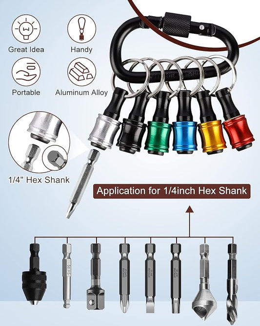 katerk 6pcs 1/4 inch Hex Shank Aluminum Alloy Screwdriver Bits Holder 8 Sets, Light-weight Quick-change Extension Bar Keychain Drill Screw Adapter Change Portable竊? Colors With Black Carabiner)