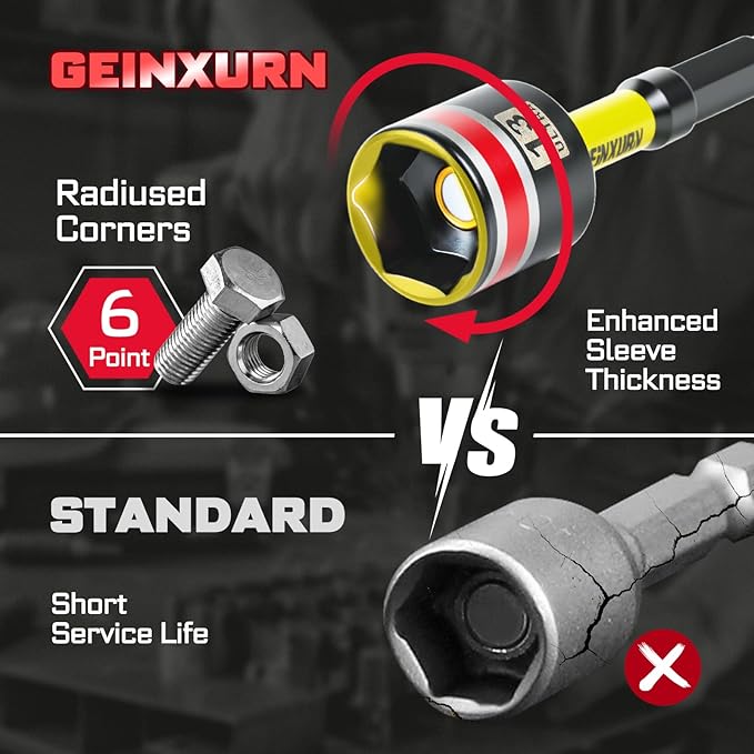 Impact Nut Driver Set, 15 Pieces 65mm 2.56?쒵ong 6mm/8mm/10mm/ 11mm/13mm 1/4??/16??/8??/16??/2??6 Point Alloy Steel Magnetic SAE Metric Nut Setter Set 1/4 Hex Shank with Case Box