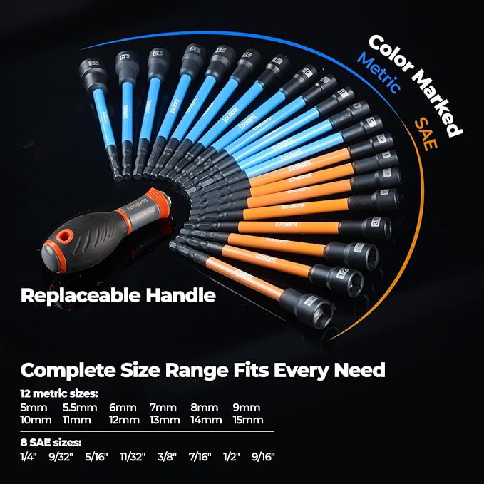 toolant 21pcs Extra Long Nut Driver Bit Set, SAE/Metric Magnetic Nut Driver Set with Replacement Handle