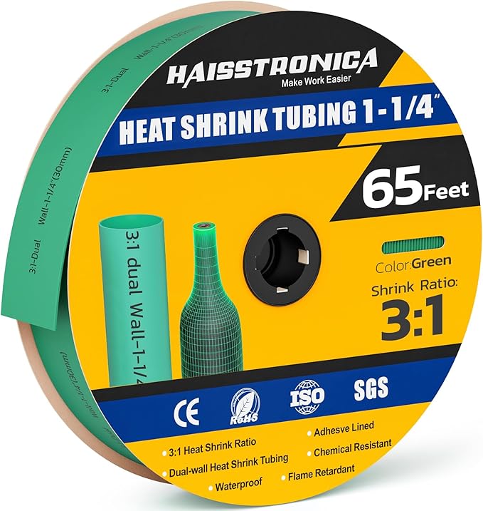haisstronica 3:1 Heat Shrink Tubing, Shrink Ratio Adhesive Lined Marine Grade Heat Shrink Tube for Home, Automotive and Industrial (Green) 65FT 1-1/4inch