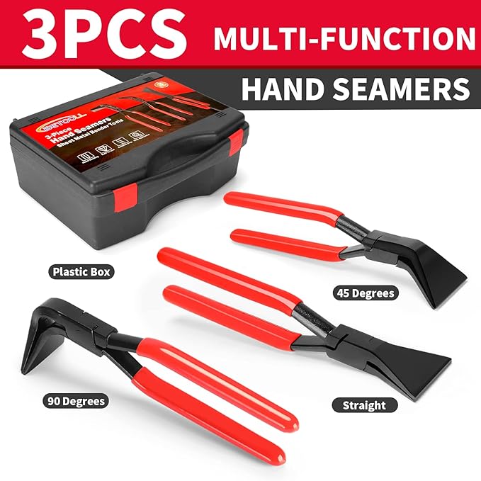 BETOOLL 3-Piece Hand Seamers Sheet Metal Tools Set - Straight Jaw, 45°, and 90° Metal Bending Pliers with Tool Box Storage Case for Bending and Flattening Sheet Metal