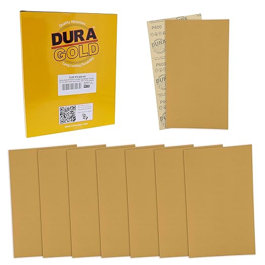 Dura-Gold Premium 5" x 2.75" Gold Sandpaper Sheets, 600 Grit (Box of 40) - Hook & Loop Backing, Wood Furniture Woodworking, Auto Paint - for Palm Sanders, Clip-On, Hand Sanding Blocks
