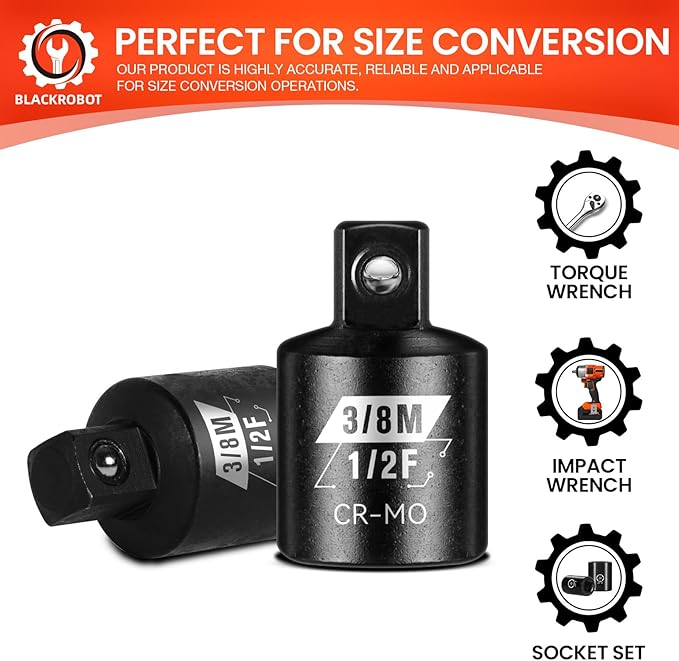 BLACKROBOT 2 Piece 1/2?쒯 To 3/8?쒶 Impact Socket Adapter Set,SAE Drive Cr-Mo Steel Exceeds ANSI Standards,Square Drive Reducer for Impact Driver Wrench