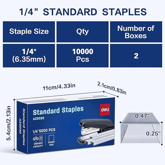 Deli Staples, 10000 Staples, Standard Staple for Desktop Staplers, 1/4'' Length, 210/Strip, 2 Boxes of 5000 Each
