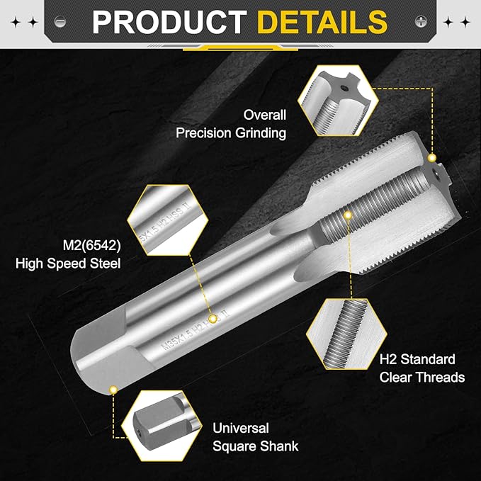 uxcell Hand Plug Tap M35 x 1.5 H2 Metric Thread Plug Style Taps Straight Flute Screw Tapping Threading Tool High Speed Steel HSS6542