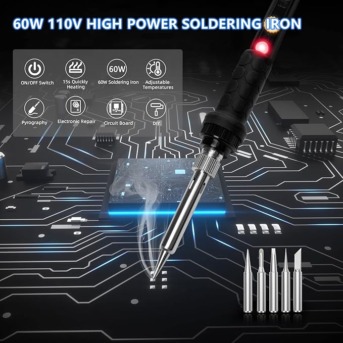 Soldering Iron Kit, 60W 110V Soldering Irons, Adjustable Temperature Soldering Welding Tool Kit with Extra 5pcs Tips, Stand, Sponge, Solder Wire