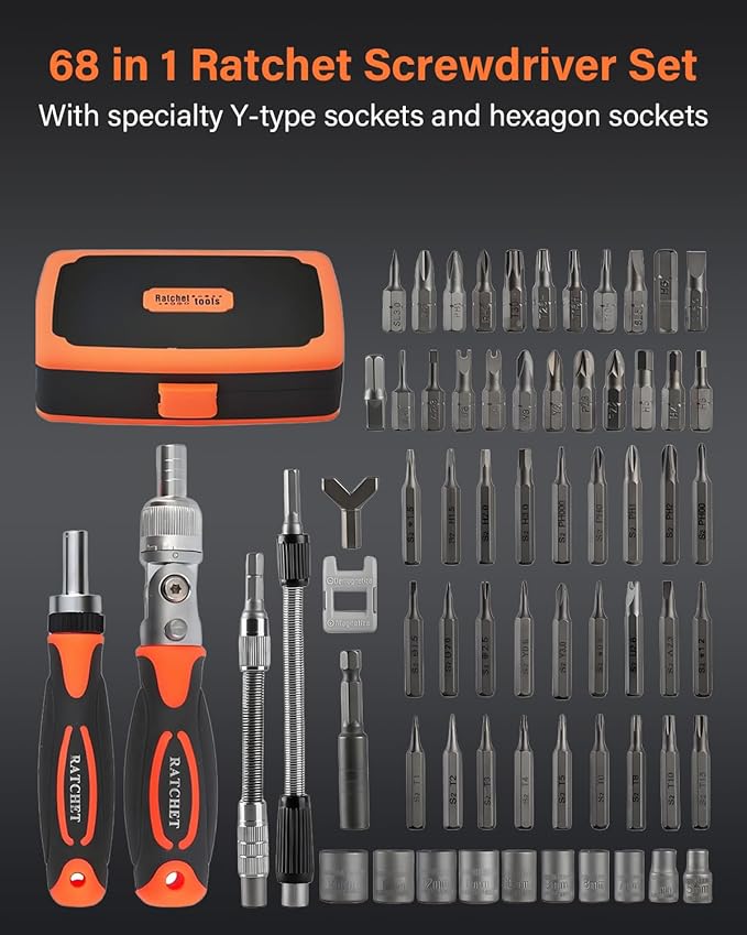 Ratcheting Screwdriver Set, 68 in 1 Socket Set & Magnetic Screwdriver Set with Rotatable Ratchet Handles, Extensions Bar and Storage Case for Phone, Computer, Bike, Car, Electronics Maintenance