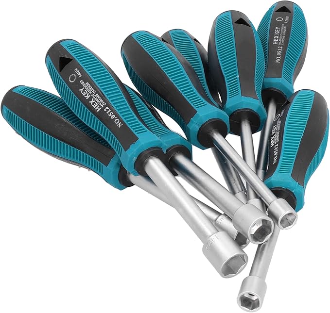 8Pcs Hex Nut Driver Set, 7mm-14mm Chrome Vanadium Alloy Steel Deep Hole Socket Wrench Screwdriver with Non-Slip Handle Screw Fastening Tool, with PE Bag Packaging