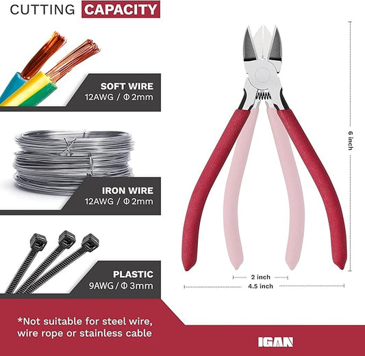 IGAN-P6 Wire Cutters (Pack of 2), 6-inch Ultra Sharp & Powerful Side-cutting Pliers with Longer Flush Cutting Edge, Ideal Wire Cutter for Crafts, Floral, Electrical & Any Clean Cut Needs