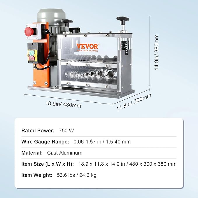 VEVOR Electric Wire Stripping Machine, 0.06''-1.57'' Automatic Wire Stripper Machine, 750 W, 98 ft/min Wire Stripper with Visible Stripping Depth Reference, 10 Channels Electric Wire Strip Machine