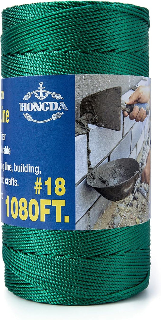 HONGDA Twisted Nylon String, #18 x 1080FT Mason Line String, Nylon Twine for Masonry Job, Trot Line, Decoy Line, Net Making and Mending, Workshop, Crafts, Gardening Hunter Green